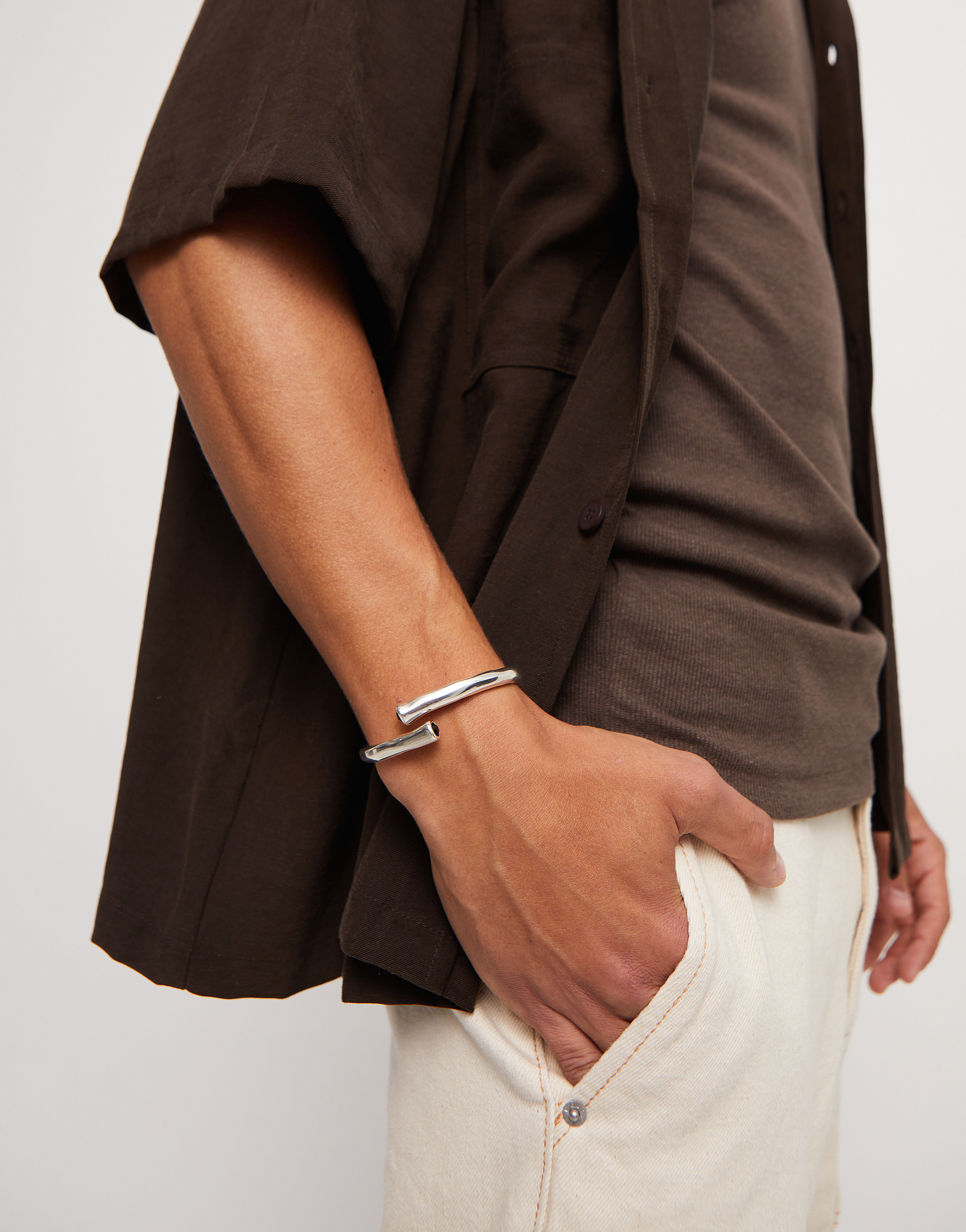 Bangle bracelet with two black crystal, Silver, large thumbnail